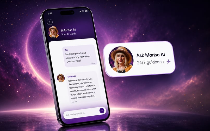 Marisa AI guidance interface on a smartphone against a purple cosmic background