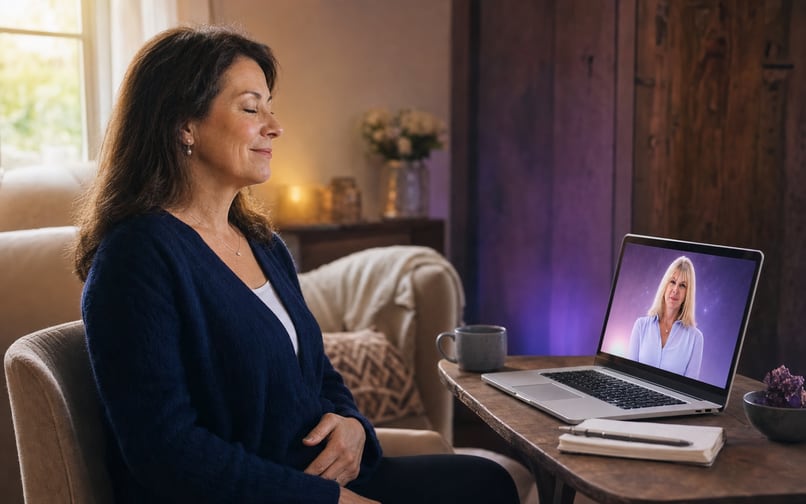 A woman relaxing into a guided live RTT session with Marisa