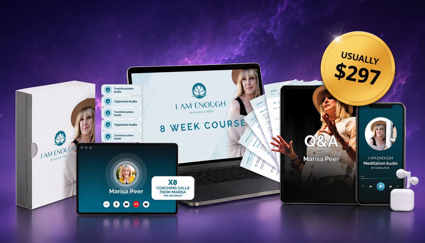 I Am Enough eight-week course bundle with coaching calls, audios, Q and A sessions, and workbooks