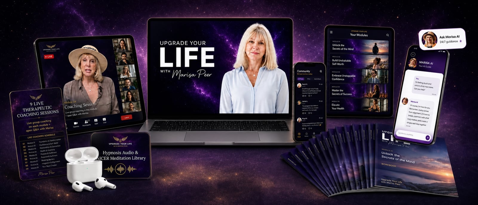 Complete Upgrade Your Life programme with live coaching, digital platform, community, Marisa AI, workbooks, and audios