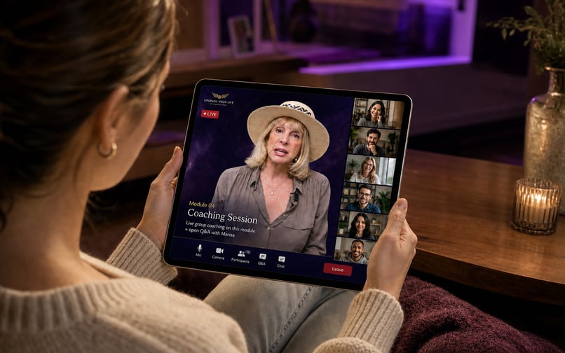 A woman watching Marisa Peer lead live coaching on a tablet