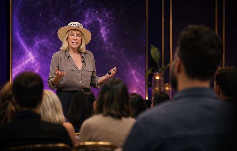 An audience watching Marisa Peer teach on a purple-lit stage